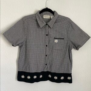 Vintage Black and White Checkered Button Down Shirt with Floral Hem